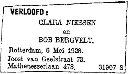 1928 Verloofd Johannes Alexander Bergvelt (geb. ) en Clara Johanna Catharina Maria Niessen 