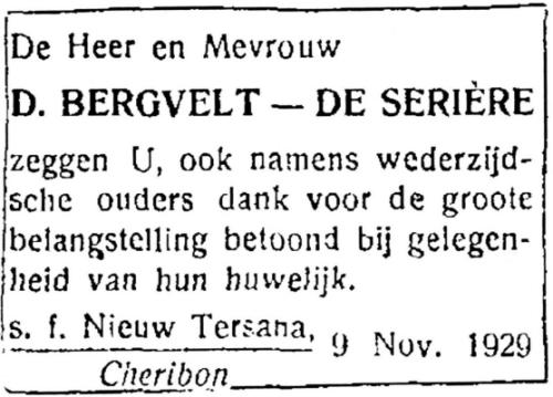 1929 - Huwelijk Dirk Hermanus Maarten Bergvelt (geb. 23-7-1906 ) en Pierrine Cecile Angelique de Serière