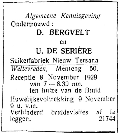 1929 - Ondertrouw Dirk Hermanus Maarten Bergvelt (geb. 23-7-1906 ) en Pierrine Cecile Angelique de Serière