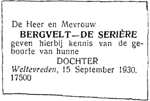 1930 - Geboorte Amelia Wilhelmina Augusta Bergvelt (geb. 15-9-1930)