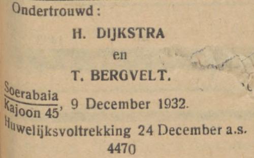 1932 - Ondertrouw Geertruida Francina Bergvelt (geb. 25-9-1903) en Hermanus Dijkstra 