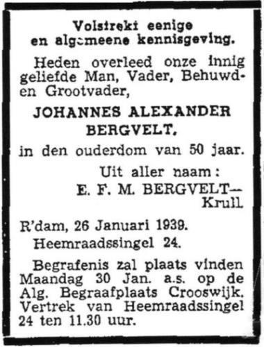 1939 - Overlijden Johannes Alexander Bergvelt (1888-1939)