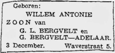 1940 - Geboorte Willem Antonie Bergvelt (geb. 3-12-1940)