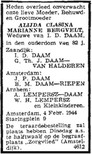 1944 - Overlijden Alijda Clasina Marianne Bergvelt (1862-1944)