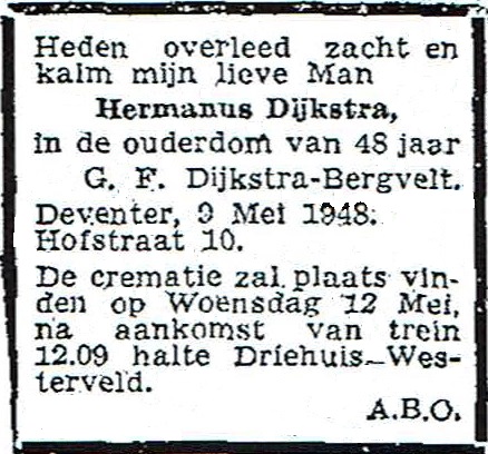 1948 - Overlijden Hermanus Dijkstra (1900-1948)