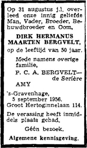 1956 - Overlijden Dirk Hermanus Maarten Bergvelt (1906-1956)