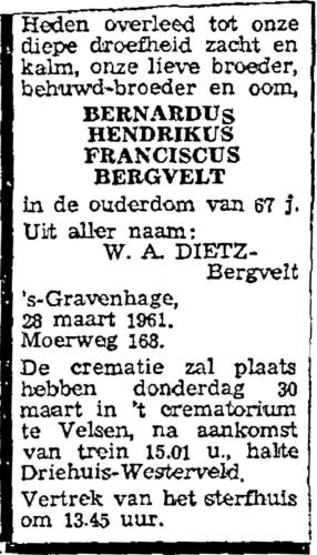 1961 - Overlijden Bernardus Hendrikus Franciscus Bergvelt (1893-1961)