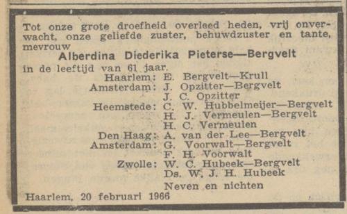 1966 - Overlijden Alberdina Diederika Bergvelt (1904-1966)