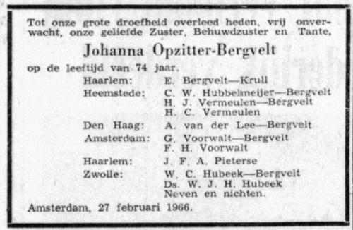 1966 - Overlijden Johanna Bergvelt (1891-1966)