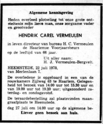1970 - Overlijden Hendrik Carel Vermeulen (1903-1970)