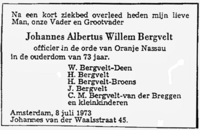 1973 - Overlijden Johannes Albertus Willem Bergvelt (1899-1973)