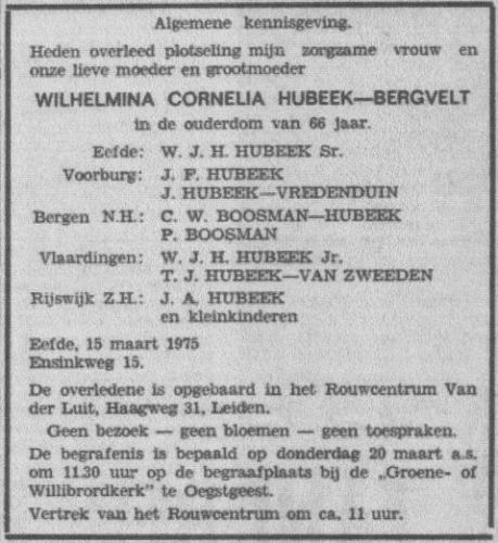 1975 - Overlijden van Wilhelmina Cornelia Bergvelt (1908-1975)