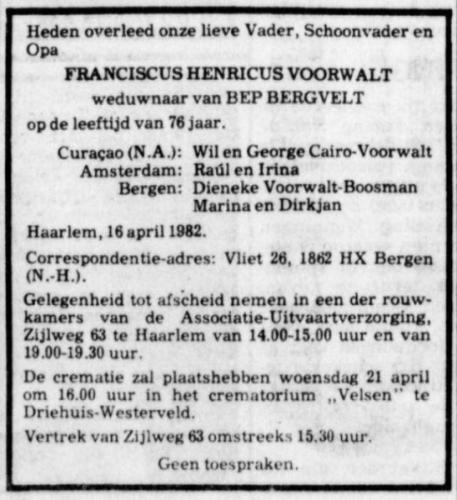 1982 - Overlijden Franciscus Henricus Voorwalt (1906-1982)