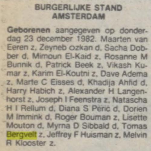 1982 - Geboorte Thomas Bergvelt (geb. dec.-1982)