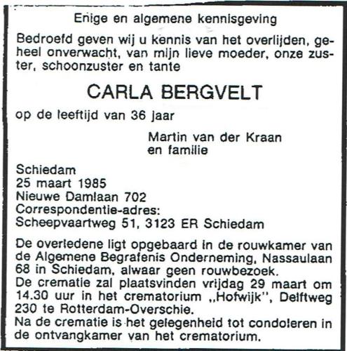 1985 - Overlijden Carla Bergvelt (1948-1985)