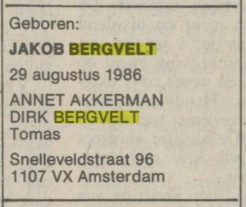 1986 - Geboorte Jacob Bergvelt (geb. 29-8-1986)