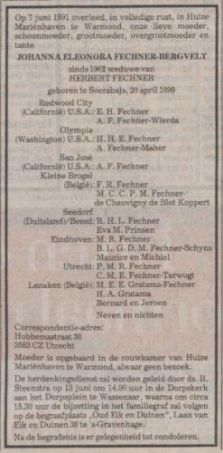 1991 - Overlijden Johanna Eleonora Bergvelt (1899-1991)