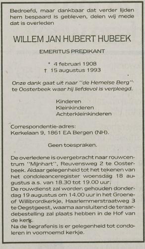 1993 - Overlijden Willem Jan Hubert Hubeek (1908-1993)
