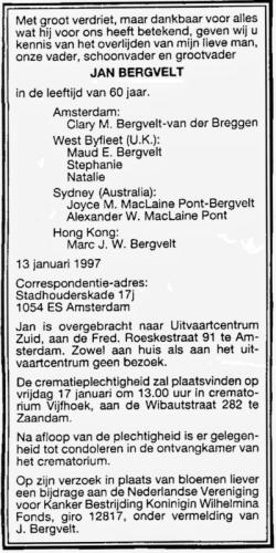 1997 - Overlijden Jan Bergvelt (1936-1997)