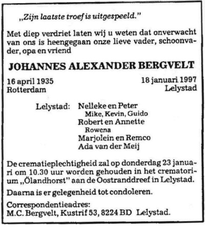 1997 - Overlijden Johannes Alexander Bergvelt (1935-1997)