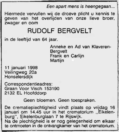 1998 - Overlijden Rudolf Bergvelt (1933-1998)