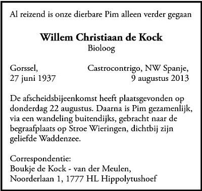 2013 - Overlijden Willem Christiaan de Kock (geb. 27-6-1937)