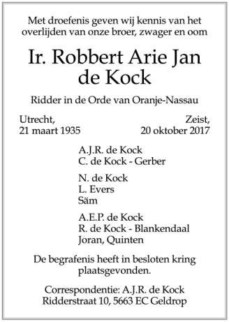 2017 - Overlijden Robert Arie Jan de Kock (21-3-1935)