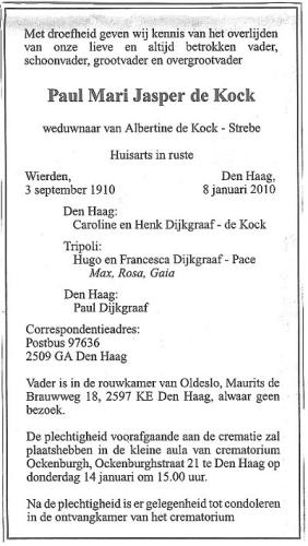 2010 - Overlijden Paul Mari Jasper de Kock (geb. 3-9-1910)