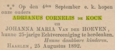 1892 - 25-jarig Huwelijk Adrianus Cornelis de Kock en Johanna Maria van der Hoeven