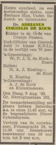 1949 - Overlijden Adrianus Cornelis de Kock