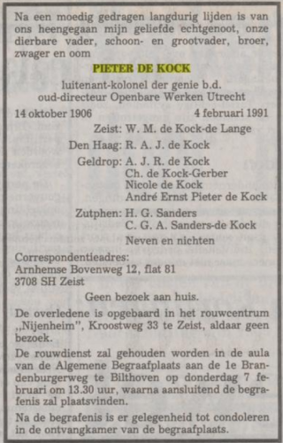 1991 - Overlijden Pieter de Kock (geb. 14-10-1906)