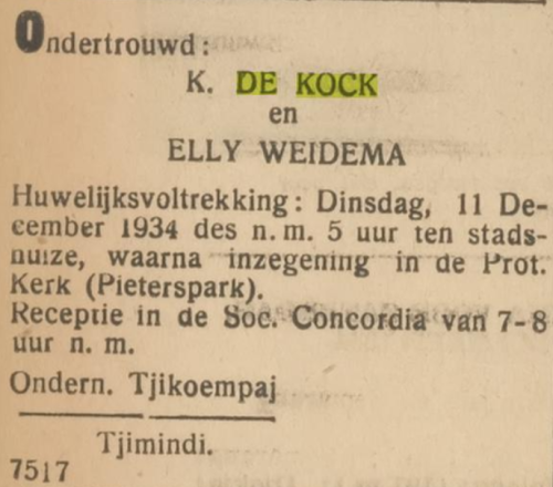 1934 - Huwelijk karel de Kock en ‎Elly Françoise Weidema