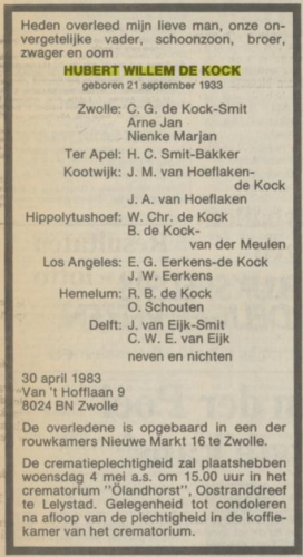 1983 - Overlijden Hubert Willem de Kock (geb. 21-9-1933)