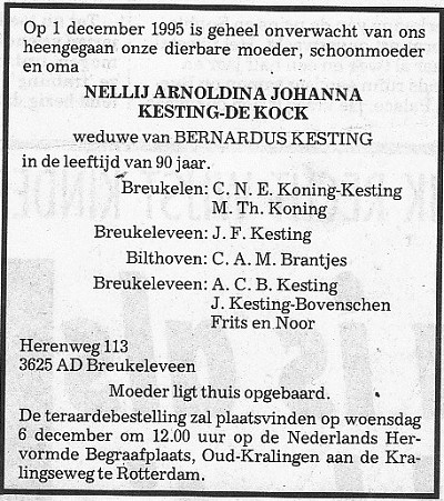 ‎1995 - Overlijden Nellij Arnoldina Johanna de Kock (geb. 19-11-1905)