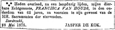 1875 - Overlijden Francisca van Houds