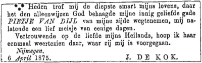 1875 - Overlijden Pietje van Dijl