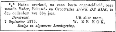 1876 - Overlijden Dirk de Kok (geb. 15-3-1788)