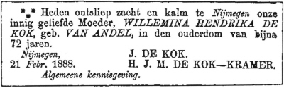 1888 - Overlijden Willemina Hendrika van Andel