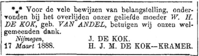 1888 - Overlijden Willemina Hendrika van Andel