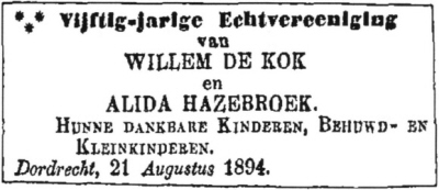 1894 - 50-jarig huwelijk Willem de Kok (geb. 17-6-1818) en Alida Hazebroek