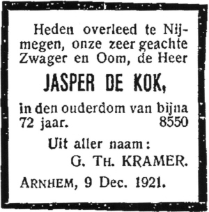 1921 - Overlijden Jasper de Kok (geb. 21-1-1850)
