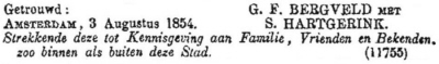1854 - Huwelijk Gerrit Frederik Moele Bergveld en Susanna Hartgerink