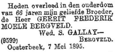 1895 Overlijden Gerrit Frederik Moele Bergveld (1829-1895)