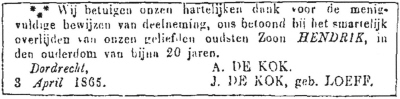 1865 - Overlijden Hendrik van Steenderen de Kok (1845-1865)
