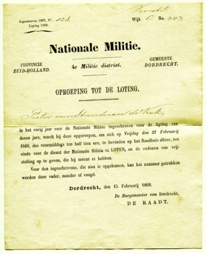 1868 - Oproep Nationale Militie Pieter van Steenderen de Kok
