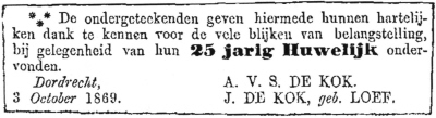1869  25-jarig huwelijk Arie van Steenderen de Kok en Jenneke Loeff