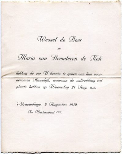 1912 Huwelijk Wessel de Boer en Maria van Steenderen de Kok 