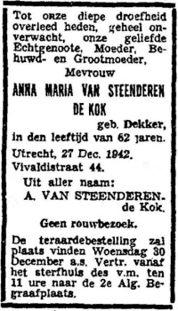 1942 - Overlijden Anna Maria Dekker (1880-1942)
