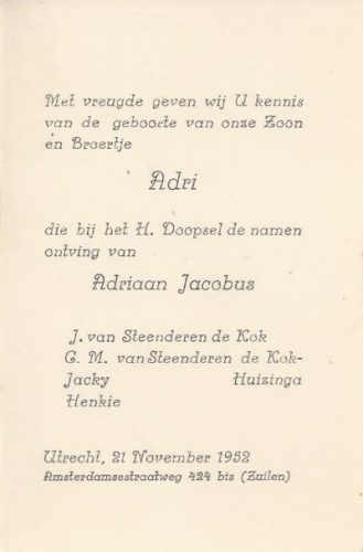 1952 - Geboorte Adriaan Jacobus van Steenderen de Kok 