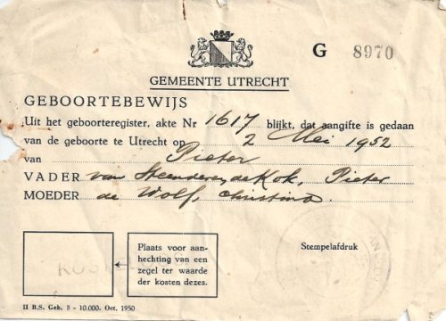 1952 - Geboorte Pieter van Steenderen de Kok 